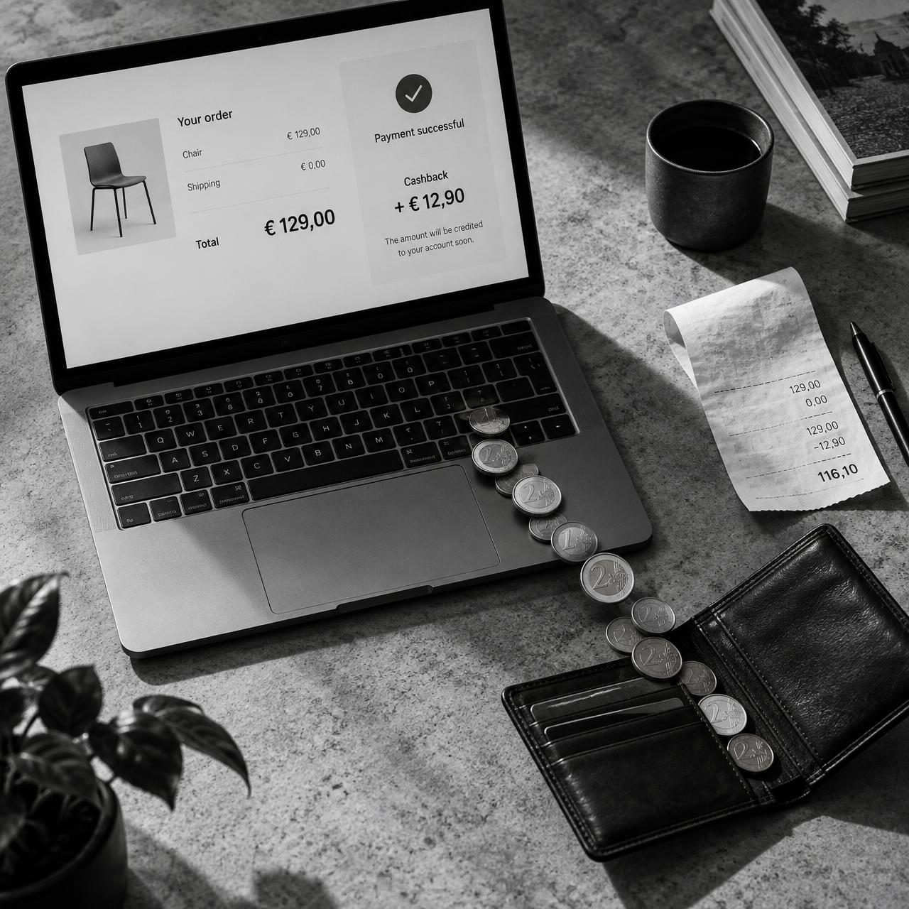 Laptop mit Online-Kasse und Münzspur als Symbol für Cashback